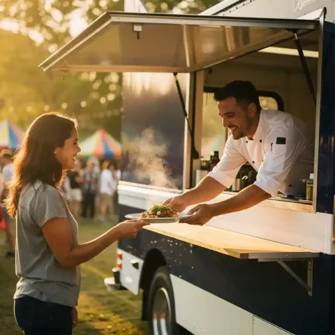 Chef reikt dampend bord aan lachende klant bij kleurrijke foodtruck op zonnig buitenevenement.