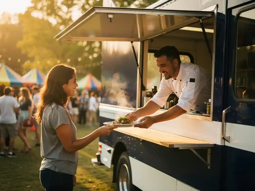 Chef reikt dampend bord aan lachende klant bij kleurrijke foodtruck op zonnig buitenevenement.