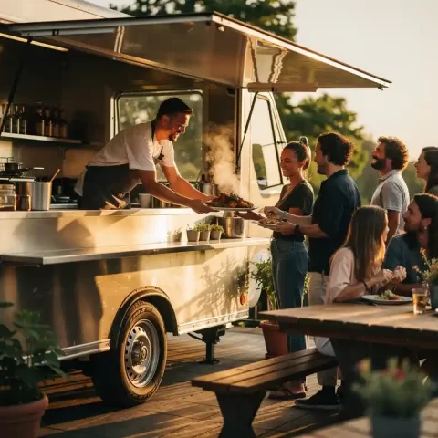 Vrolijke chef reikt dampende borden uit foodtruck aan gasten op zonnig buitenterras met rustieke houten tafels.