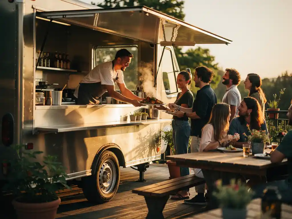 Vrolijke chef reikt dampende borden uit foodtruck aan gasten op zonnig buitenterras met rustieke houten tafels.