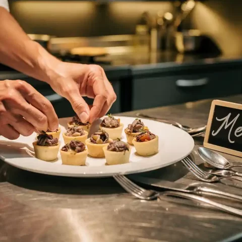 Cateraar schikt elegante hapjes op wit serveerschaal met zilveren bestek en krijtbord prijskaartje in professionele keuken.
