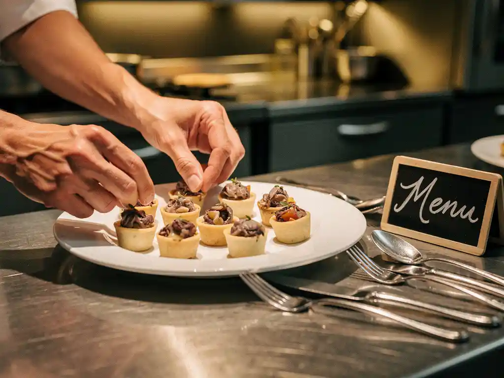 Cateraar schikt elegante hapjes op wit serveerschaal met zilveren bestek en krijtbord prijskaartje in professionele keuken.