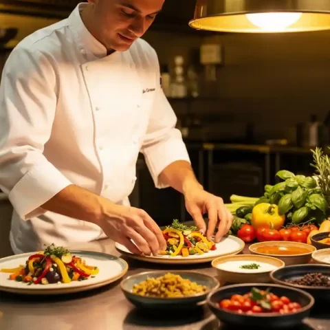 Chef arrangeert kleurrijke allergeenvrije gerechten op roestvrijstalen werktafel met gelabelde ingrediëntenkommen en verse kruiden.