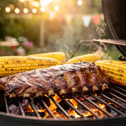 Heel rek spareribs en goudgele maïskolven op een houtskoolbarbecue, met zachte achtergrondverlichting van een tuinfeest.