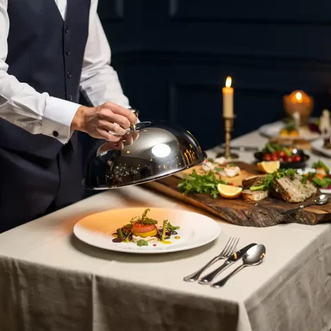 Kelner in wit overhemd tilt zilveren stolp op bij elegant opgemaakt bord, naast buffet met linnen tafelkleed, kaarsen en houten serveerplanken.