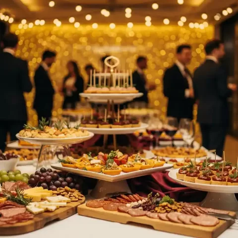 Luxe bedrijfsfeest buffet met hapjes, charcuterie en canapés, verlicht door warme sfeerverlichting in een stijlvolle eventlocatie.