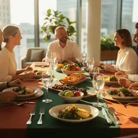 Collega's verzamelen rond een verzorgde bedrijfslunch met seizoensgerechten in keramische schalen op een communale tafel in een modern kantoor.