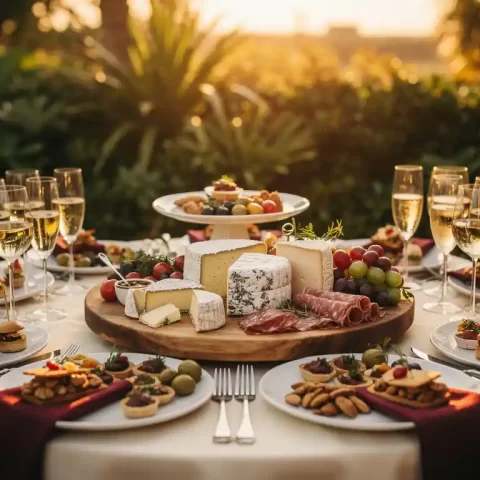 Feestelijke borrelreceptietafel met canapés, gekoelde wijnglazen en een houten plank met ambachtelijke kazen en vleeswaren in warm avondlicht.