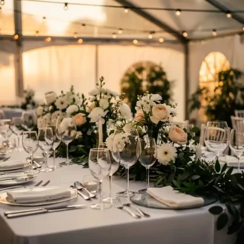 Feestelijk gedekte banquettafel met witte linnen, kristallen glazen en bloemstukken in een tent met sfeervol schemerlicht.