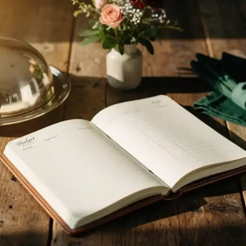 Open leren notitieboek met potloodbudget op rustieke houten tafel, omringd door zilveren serveerschaal en linnen servetten in warm gouden licht.