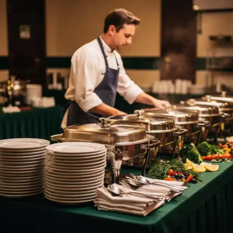 Chef die een lange buffettafel opmaakt met gestapelde borden, gevouwen linnen servetten en warme serveerschalen in groen-crème interieur.