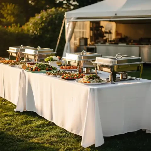 Buitencatering opstelling met witte linnen tafels, chafing dishes en verse schotels op grasveld in warm middaglicht.