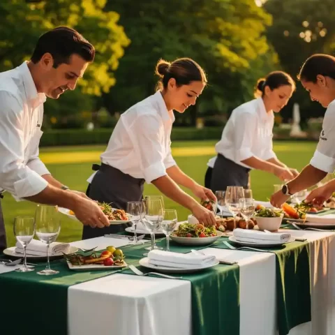 Cateringteam herpositioneert seizoensgerechten en glaswerk op een elegante buitentafel met witte linnen en gouden-uurtinten.