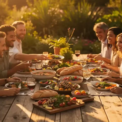 Collega's lachen en reiken naar kleurrijke gerechten op een lange houten tafel buiten, badend in gouden avondlicht.