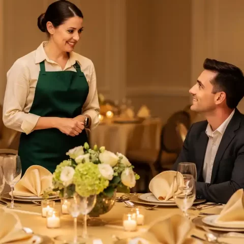 Cateringprofessional in schort bespreekt evenementarrangement met klant aan sierlijk gedekte tafel met bloemstuk.
