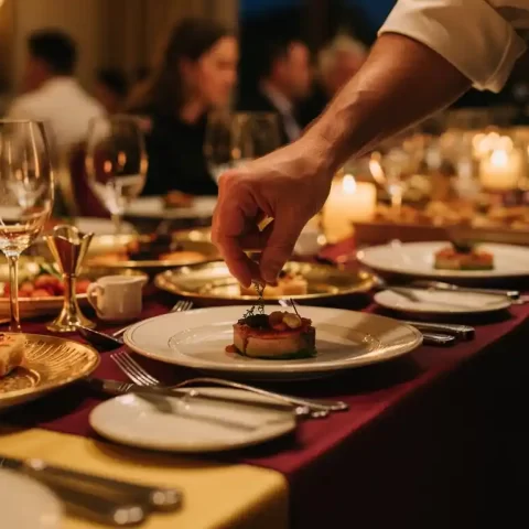 Chef rangschikt garnering op een elegante cateringbuffet met warme hapjes en gouden serveerschotels bij kaarslicht.