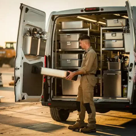 Cateringbus met open zijdeuren en roestvrijstalen containers op industriële werklocatie, medewerker tilt voedselbak in middagzon.