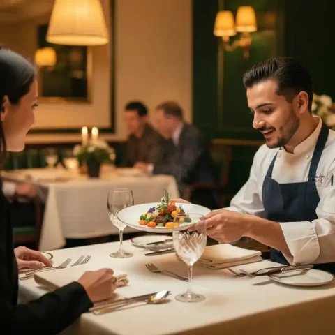 Chef presenteert elegant bord aan klant aan gedekte evenementtafel, met vers seizoensgebonden ingrediënten en gepolijst zilverwerk.