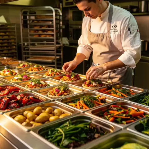 Chef portionneert kleurrijke gerechten gelijkmatig in gastronorm bakken op roestvrijstalen cateringkeuken werkblad.
