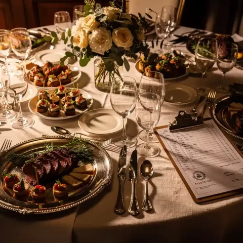 Professionele cateringtafel met elegante schalen, gepoetst zilverwerk en bloemstuk, factuurklembord ernaast in warm amberkleurig licht.