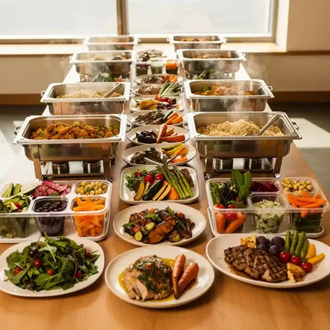 Cateringtafel met verse seizoensgerechten, maaltijdcontainers en dampende schalen in een moderne conferentieruimte.