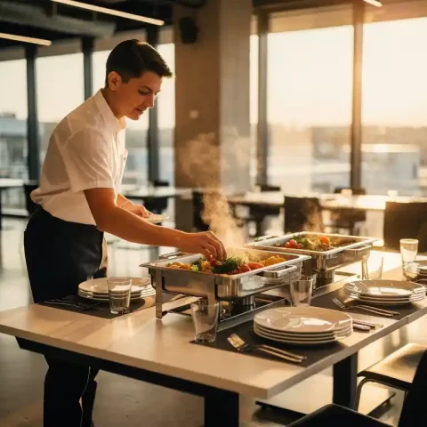 Cateraar plaatst dampende warme maaltijden op kantinетаfel in modern industrieel interieur met grote ramen.