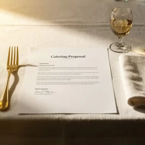 Cateringvoorstel op linnengekleed banquettafel met gepolijste vork, gevouwen servet en glas witte wijn in warm goudkleurig licht.