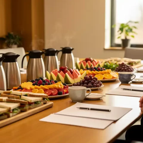 Cateringbuffet met sandwiches, fruitschalen en koffiekannen op een vergadertafel naast notitieboekjes tijdens een workshop.