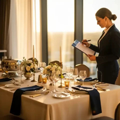 Cateringcoördinator bekijkt planningsschema op klembord naast gedekte evenementstafel met bloemen, linnengoed en messing servies.