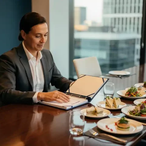 Cateringmanager bekijkt contractmap aan vergadertafel met zakelijke lunchgerechten, modern kantoor met groot raam en middaglicht.