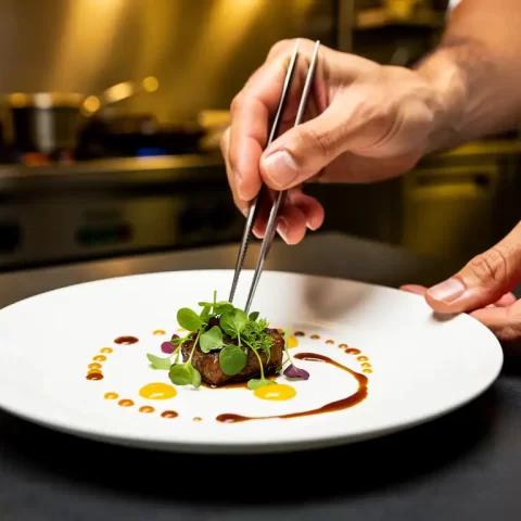 Chef plaatst verse kruiden en saus op wit bord met pincet, professionele keuken op de achtergrond.