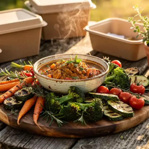Houten serveerbord met seizoensgroenten, verse kruiden en een rustieke kom plantaardige stoofpot, omringd door composteerbare verpakkingen in warm middaglicht.