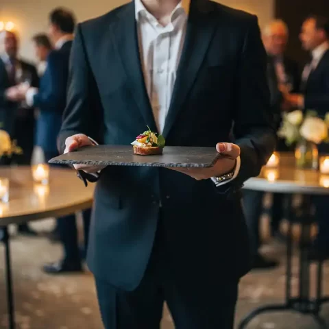 Elegante ober presenteert een gourmet hapje op een leistenen plank tijdens een sfeervolle cocktailreceptie met kaarslicht.