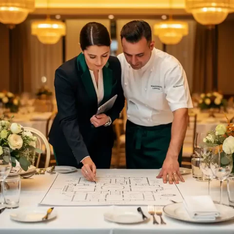 Eventmanager en cateringchef bekijken handgeschreven banketopstelling aan gedekte tafel met glaswerk, linnen en bloemstukken.