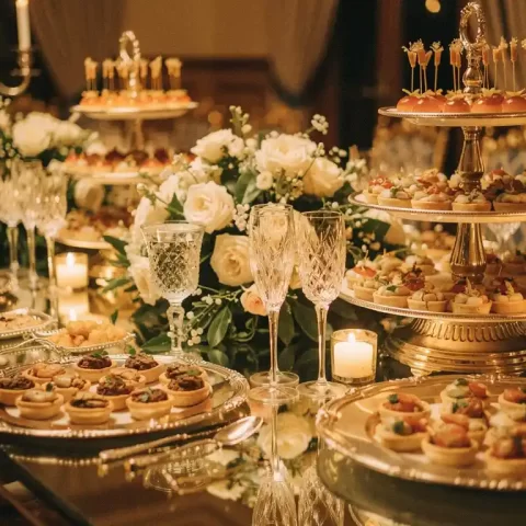Feestelijk gedekte tafel met elegante canapés, champagneglazen en zilveren schalen, omgeven door kaarslicht en verse bloemen.