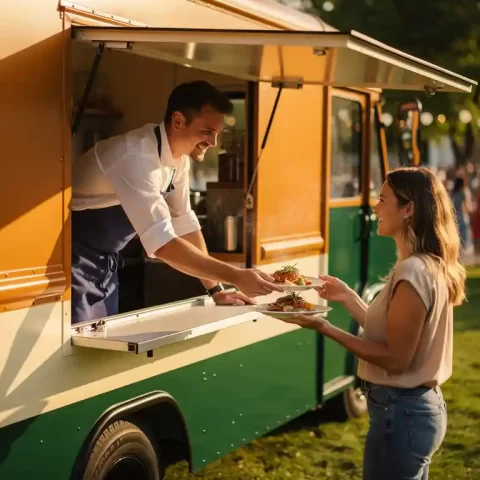 Chef reikt dampend bord aan glimlachende gast bij foodtruck op zonnig buitenevenement, feestelijke menigte op de achtergrond.