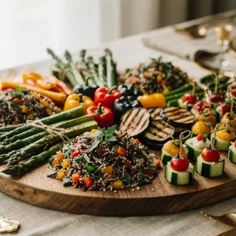 Glutenvrij cateringplateau met graansalades, gegrilde groenten en hapjes op rustiek houten serveerplank, verlicht door natuurlijk raamlicht.