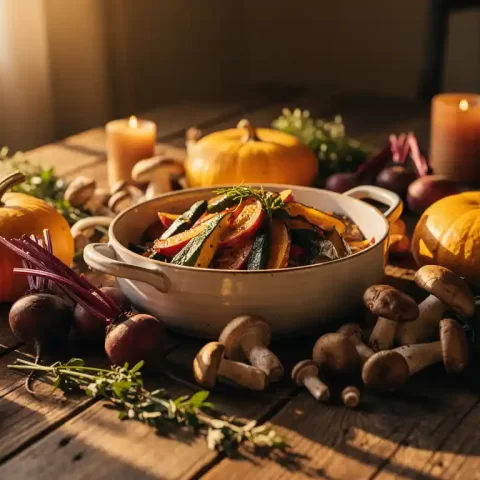 Rustieke houten tafel met herfstgroenten: gouden pompoen, rode bieten, wilde paddenstoelen en kruiden rond een keramieken schaal bij kaarslicht.