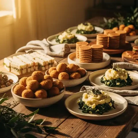 Hollandse cateringspread met bitterballen, stamppot, fingersandwiches en mini-stroopwafels op rustieke houten planken in warm goudlicht.