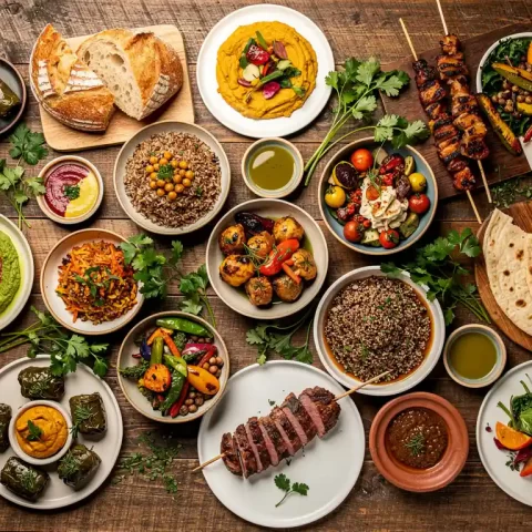 Overhead flatlay van rustieke houten tafel met vegetarische mezze, halal gegrild vlees en veganistische grainbowls bij kaarslicht.