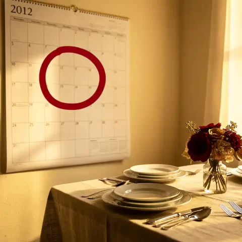 Wandkalender met rood omcirkelde datum naast een feestelijk gedekte tafel met witte porseleinen borden, bestek en bloemstuk in warm goudlicht.