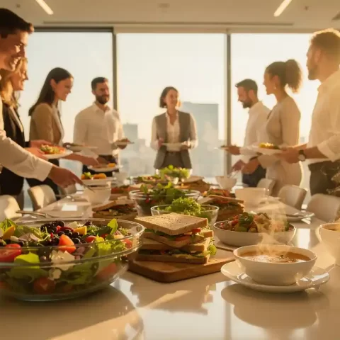 Kleurrijke lunchbuffet met salades, sandwiches en soepen op een moderne kantoortafel, collega's verzamelen zich in zonnige ruimte.