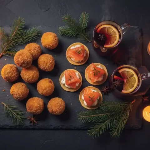 Kerstborrel met goudbruine kaascroquetten, blinis met gerookte zalm en glühwein op leisteen, omringd door sparrentakken en theelichtjes.