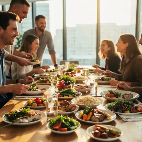 Medewerkers lunchen samen aan een houten tafel in een moderne bedrijfskantine met kleurrijke, verse gerechten.