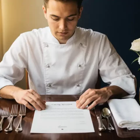 Cateringprofessional in wit kokkesjasje bekijkt contract aan houten tafel met zilverwerk, linnen servet en bloemenvaas.