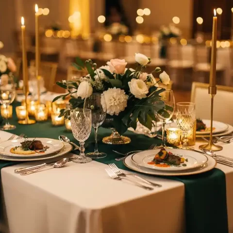 Luxe banquettafel met smaragdgroene en crème decoraties, bloemstukken en kaarsverlichting in een feestzaal.