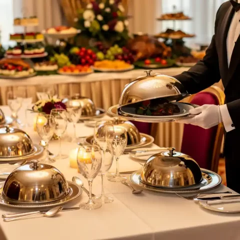 Witte-gehandschoende ober tilt zilveren stolp op feestelijk gedekte banquettafel met kaarslicht en kleurrijk buffet op de achtergrond.