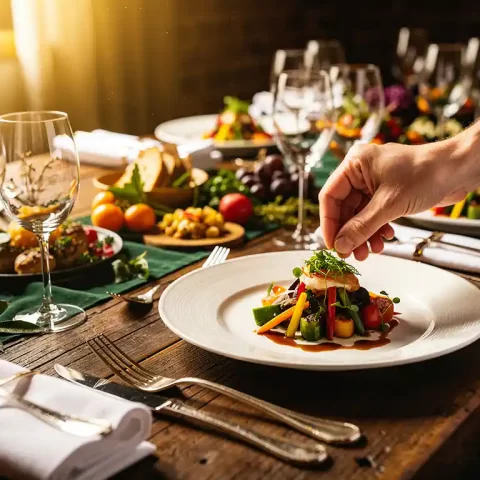 Chef die een kleurrijk hapje opmaakt op rustieke houten tafel met elegant cateringbuffet, wit linnen en zilverwerk op de voorgrond.