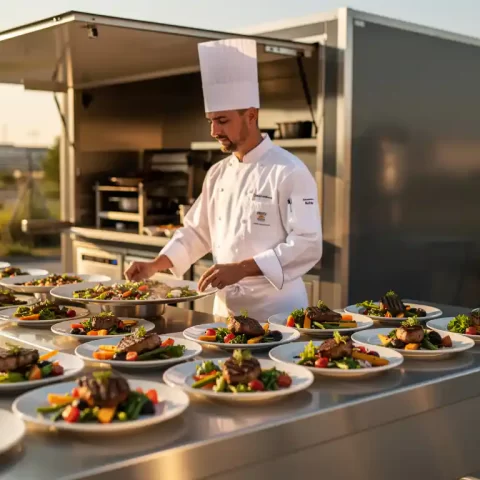 Chef in wit uniform serveert verse maaltijden vanuit mobiele buitenkeuken op locatie, gouden middagzon op roestvrijstalen toonbank.