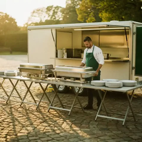 Professionele cateraar laadt mobiele keukenunit uit in een binnenplaats met warmhoudschalen en serveerschalen op klaptafels, gouden avondlicht.
